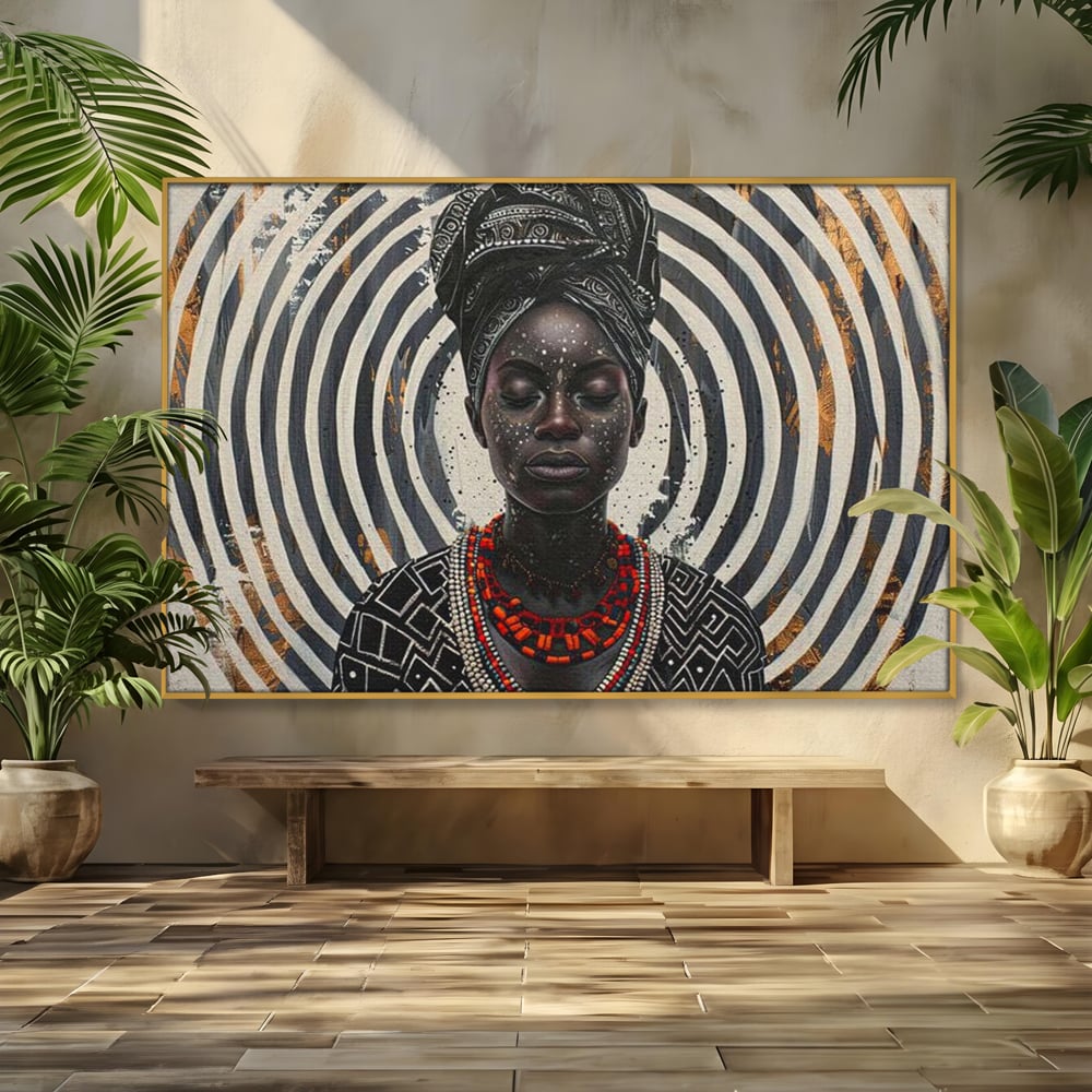 Tablou canvas cu tablou canvas cu regina africana, in rama de aluminiu auriu